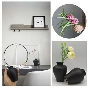 2 Piece Black Vase Set, Mini Flower Bouquet Holder, Matte Pottery Jars, Unique Mini Decorative Ceramic Vases, Cute Ornament Bottles Accessories in Home and Office (Black Set A)
