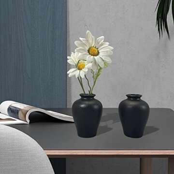 2 Piece Black Vase Set, Mini Flower Bouquet Holder, Matte Pottery Jars, Unique Mini Decorative Ceramic Vases, Cute Ornament Bottles Accessories in Home and Office (Black Set A)