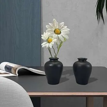 2 Piece Black Vase Set, Mini Flower Bouquet Holder, Matte Pottery Jars, Unique Mini Decorative Ceramic Vases, Cute Ornament Bottles Accessories in Home and Office (Black Set A)