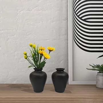 2 Piece Black Vase Set, Mini Flower Bouquet Holder, Matte Pottery Jars, Unique Mini Decorative Ceramic Vases, Cute Ornament Bottles Accessories in Home and Office (Black Set A)