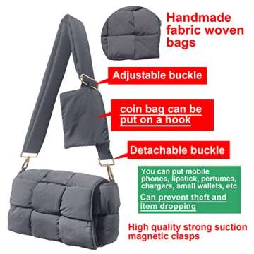NAARIIAN puffer woven shoulder bag padded cassette handbag with coins organizer nylon light weight women crossbody purse(Grey)