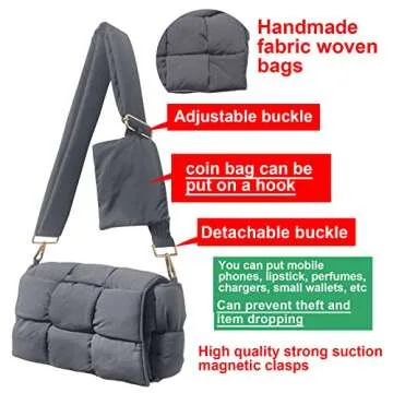 NAARIIAN puffer woven shoulder bag padded cassette handbag with coins organizer nylon light weight women crossbody purse(Grey)