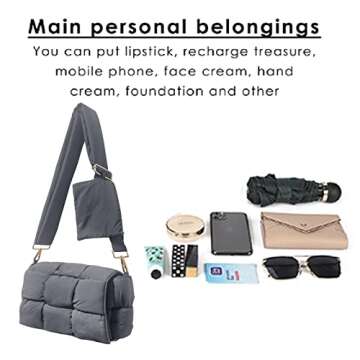 NAARIIAN puffer woven shoulder bag padded cassette handbag with coins organizer nylon light weight women crossbody purse(Grey)