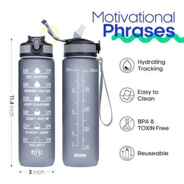 Giotto 32oz Large Leakproof BPA Free Drinking Water Bottle with Time Marker & Straw to Ensure You Drink Enough Water Throughout The Day for Fitness and Outdoor Enthusiasts-Gray