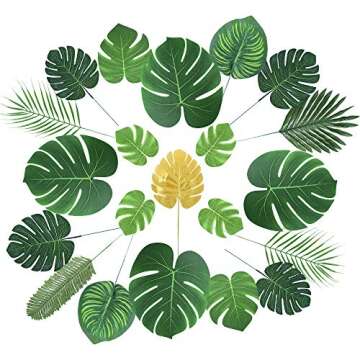 Auihiay 70 Pieces 10 Kinds Artificial Tropical Palm Leaves Jungle Leaves Decorations for Hawaiian Party Decorations Beach Birthday Luau Party Decorations