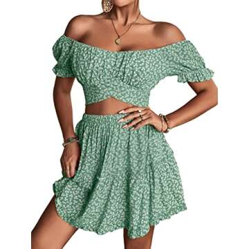 LYANER Women's Off Shoulder Crop Top and Mini Skirt Set