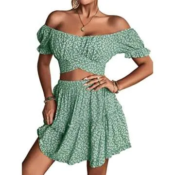 LYANER Women's Off Shoulder Crop Top and Mini Skirt Set