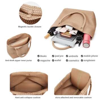 Woven Bags for Women Tote Purse: Vegan Leather Shoulder Handbags - Fashion Beach Tote Bags - Large Travel Totes Handwoven Satchel for Holidays (Khaki Color)