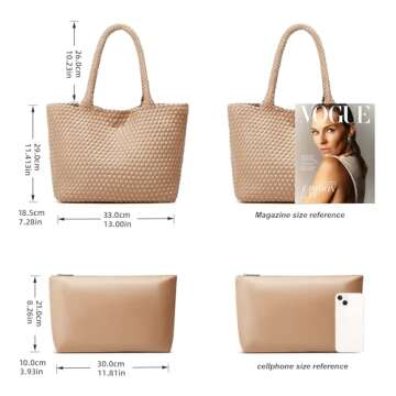Woven Bags for Women Tote Purse: Vegan Leather Shoulder Handbags - Fashion Beach Tote Bags - Large Travel Totes Handwoven Satchel for Holidays (Khaki Color)