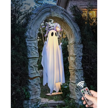 Halloween Decorations Outdoor - 5 FT Large Hanging Swing Ghost Halloween Decor with String Lights - Spooky Cute Ghosts Decorations for Front Porch Yard Tree