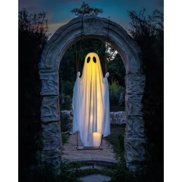 Halloween Decorations Outdoor - 5 FT Large Hanging Swing Ghost Halloween Decor with String Lights - Spooky Cute Ghosts Decorations for Front Porch Yard Tree