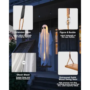 Halloween Decorations Outdoor - 5 FT Large Hanging Swing Ghost Halloween Decor with String Lights - Spooky Cute Ghosts Decorations for Front Porch Yard Tree