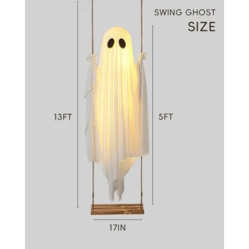 Halloween Decorations Outdoor - 5 FT Large Hanging Swing Ghost Halloween Decor with String Lights - Spooky Cute Ghosts Decorations for Front Porch Yard Tree