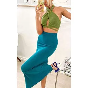 Women Sexy Bandage Halter Crop Top Sleeveless Backless Club Party Shirt Chi Wrap Short Tops Criss Cross Streetwear Green