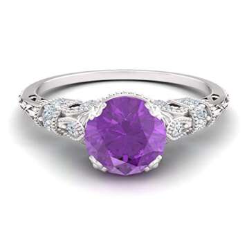 Diamondere Natural and Certified Amethyst and Diamond Engagement Ring in 14K White Gold, 1.11 Carat ...