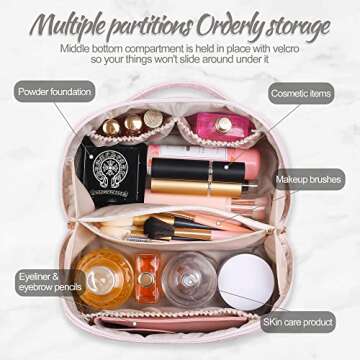 SFXULIX Large Capacity Travel Cosmetic Bag - Makeup Bag, PU Leather Waterproof Cosmetic Bag, Women Portable Travel Makeup Bag With Handle and Divider Flat Lay Makeup Organizer Bag (Z1-Pink)