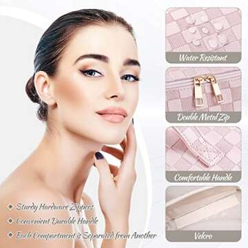 SFXULIX Large Capacity Travel Cosmetic Bag - Makeup Bag, PU Leather Waterproof Cosmetic Bag, Women Portable Travel Makeup Bag With Handle and Divider Flat Lay Makeup Organizer Bag (Z1-Pink)
