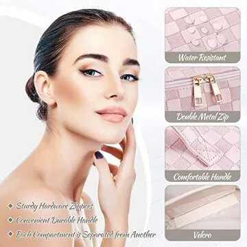 SFXULIX Large Capacity Travel Cosmetic Bag - Makeup Bag, PU Leather Waterproof Cosmetic Bag, Women Portable Travel Makeup Bag With Handle and Divider Flat Lay Makeup Organizer Bag (Z1-Pink)