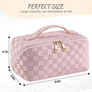 SFXULIX Large Capacity Travel Cosmetic Bag - Makeup Bag, PU Leather Waterproof Cosmetic Bag, Women Portable Travel Makeup Bag With Handle and Divider Flat Lay Makeup Organizer Bag (Z1-Pink)