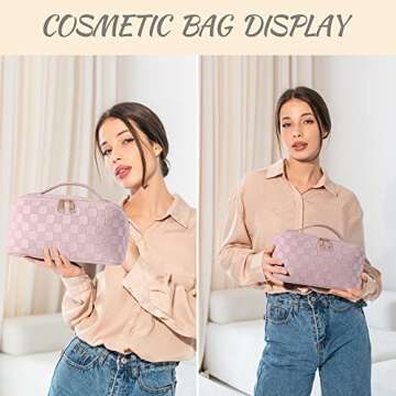 SFXULIX Large Capacity Travel Cosmetic Bag - Makeup Bag, PU Leather Waterproof Cosmetic Bag, Women Portable Travel Makeup Bag With Handle and Divider Flat Lay Makeup Organizer Bag (Z1-Pink)