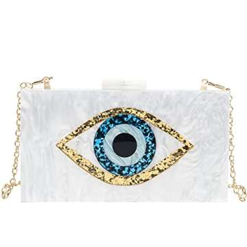 LETODE Clutch Purses for Women-Evil Eye Acrylic Clutch Glitter Purse Evening Bag Chain Shoulder Crossbody Handbags(WHITE 02)
