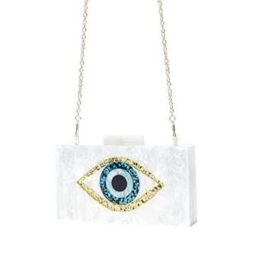 LETODE Clutch Purses for Women-Evil Eye Acrylic Clutch Glitter Purse Evening Bag Chain Shoulder Crossbody Handbags(WHITE 02)
