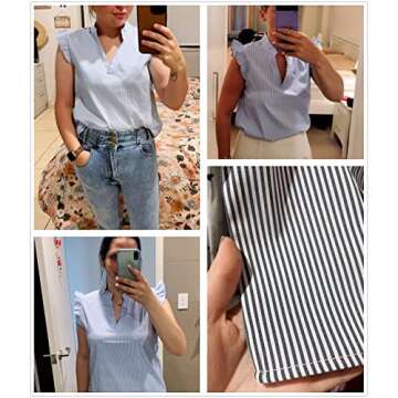 WDIRARA Women's Striped Ruffle Cap Sleeve Notched V Neck Blouse Top Shirt Blue and White S