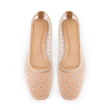 Gradinery Mesh Ballet Flats for Women,Rhinestone Square Toe Comfortable Ballerina Shoes,Sparkly Crystals Embellished Slip on Wedding Dance Dress Flats Shoes Apricot7.5