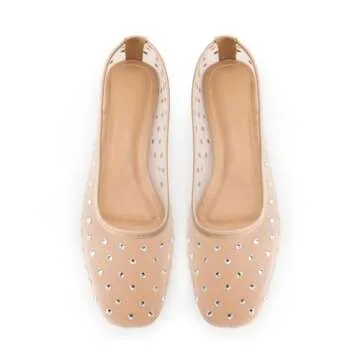 Gradinery Mesh Ballet Flats for Women,Rhinestone Square Toe Comfortable Ballerina Shoes,Sparkly Crystals Embellished Slip on Wedding Dance Dress Flats Shoes Apricot7.5