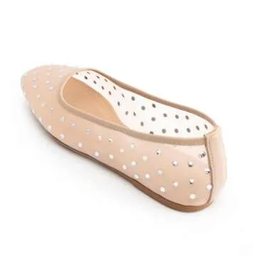 Gradinery Mesh Ballet Flats for Women,Rhinestone Square Toe Comfortable Ballerina Shoes,Sparkly Crystals Embellished Slip on Wedding Dance Dress Flats Shoes Apricot7.5