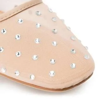 Gradinery Mesh Ballet Flats for Women,Rhinestone Square Toe Comfortable Ballerina Shoes,Sparkly Crystals Embellished Slip on Wedding Dance Dress Flats Shoes Apricot7.5