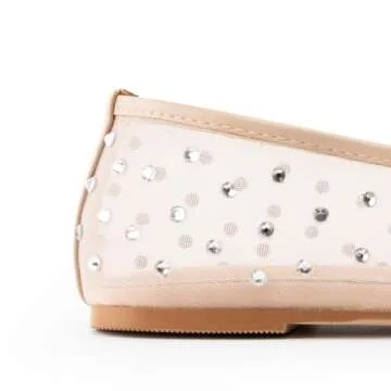 Gradinery Mesh Ballet Flats for Women,Rhinestone Square Toe Comfortable Ballerina Shoes,Sparkly Crystals Embellished Slip on Wedding Dance Dress Flats Shoes Apricot7.5