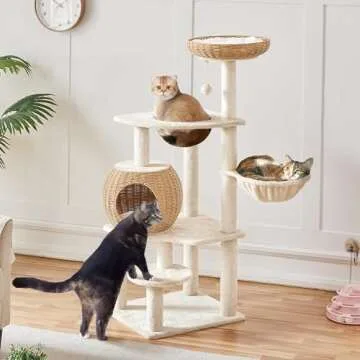 Yaheetech Cat Tree, 54in Rattan Cat Tree Tower with Luxury Woven Condo, Clear Bowl, Washable Cushion...
