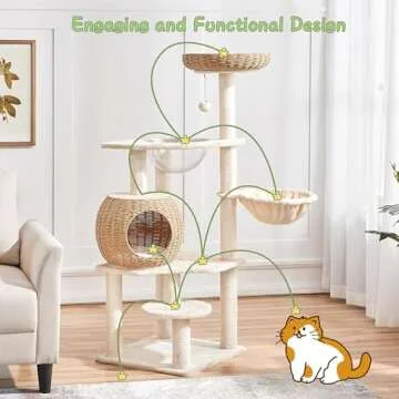 Yaheetech Cat Tree, 54in Rattan Cat Tree Tower with Luxury Woven Condo, Clear Bowl, Washable Cushions, and Scratching Posts, Cat Furniture for Indoor Cats