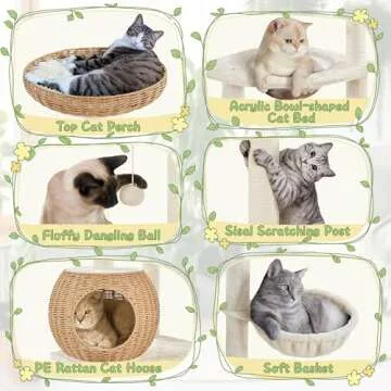 Yaheetech Cat Tree, 54in Rattan Cat Tree Tower with Luxury Woven Condo, Clear Bowl, Washable Cushions, and Scratching Posts, Cat Furniture for Indoor Cats
