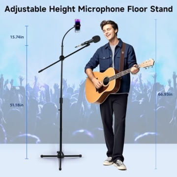 Microphone Floor Stand, Mic Stand Floor with Phone Holder Height Adjustable, Heavy-duty Tripod Stabl...