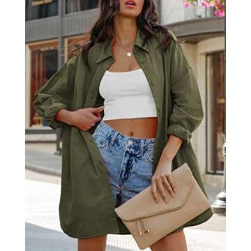 FSHAOES Womens Oversized Button Down Shirts Casual Loose Long Sleeve Solid Color Lapel Long Blouses Top with Pocket