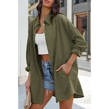 FSHAOES Womens Oversized Button Down Shirts Casual Loose Long Sleeve Solid Color Lapel Long Blouses Top with Pocket