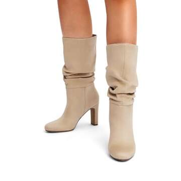 DREAM PAIRS Slouch Boots for Women Mid Calf, Women's Fashion Almond Toe High Heel Fall Winter Dressy Boots,Size 6.5,Sandy beige-Suede,SDMB2407W