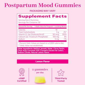 Pink Stork Postpartum Mood Support Vitamin D Gummies - Natural Hormone Balance for Women with Postnatal Vitamin D3 and Calcium - Postpartum Essentials for Breastfeeding - 60 Lemon Drop Gummies