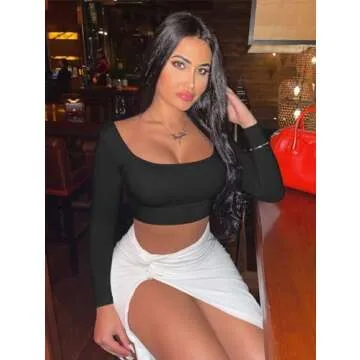 XXTAXN Women's Fitted Square Neck Long Sleeve Crop Top