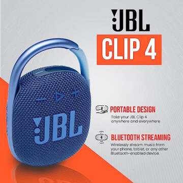 JBL Clip 4 Portable Bluetooth Wireless Speaker with IP67 Waterproof, Dustproof, Carabiner Clip, Built-in Battery | 10 Hour Play Time of Rich Audio and Punchy Bass | Eco Blue | Boomph Sound Pack