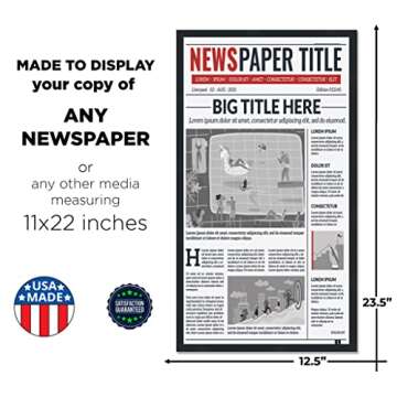 11x22 Newspaper Frame Solid Wood - Matte Black Finish - Matches Any Decor - Size 11x22 - Shatter Guard UV Coated Acrylic, Acid Free Interior