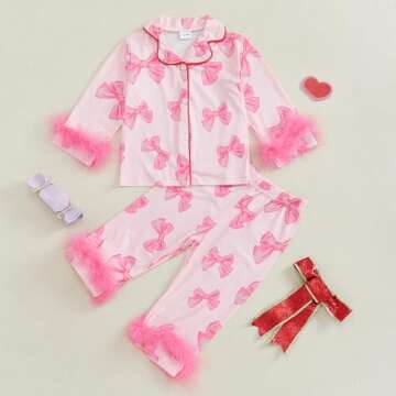 Kuriozud Toddler Kids Little Girls Valentines Day Satin Pajamas Bow Print Feather Trim Sleeve Button...