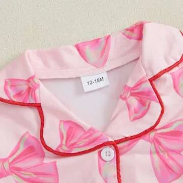 Kuriozud Toddler Kids Little Girls Valentines Day Satin Pajamas Bow Print Feather Trim Sleeve Button Down Sleepwear Pjs Set (Pink, 6-7 Years)