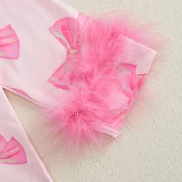 Kuriozud Toddler Kids Little Girls Valentines Day Satin Pajamas Bow Print Feather Trim Sleeve Button Down Sleepwear Pjs Set (Pink, 6-7 Years)