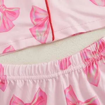 Kuriozud Toddler Kids Little Girls Valentines Day Satin Pajamas Bow Print Feather Trim Sleeve Button Down Sleepwear Pjs Set (Pink, 6-7 Years)