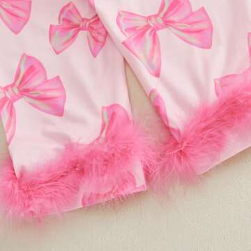Kuriozud Toddler Kids Little Girls Valentines Day Satin Pajamas Bow Print Feather Trim Sleeve Button Down Sleepwear Pjs Set (Pink, 6-7 Years)
