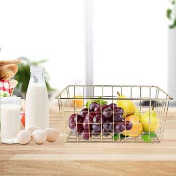 Tonxus 4pcs Wire Kitchen Storage Basket Farmhouse Metal Household Container Storage Organizer Bin Divider with Handle for Pantry,Shelf,Countertop,Refrigerator,Freezer,Cabinet (Gold)