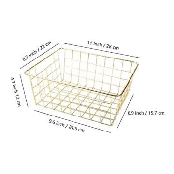 Tonxus 4pcs Wire Kitchen Storage Basket Farmhouse Metal Household Container Storage Organizer Bin Divider with Handle for Pantry,Shelf,Countertop,Refrigerator,Freezer,Cabinet (Gold)